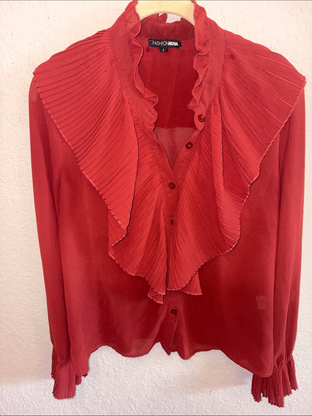 Fashion Nova Red Ruffled Pleated Collar Blouse